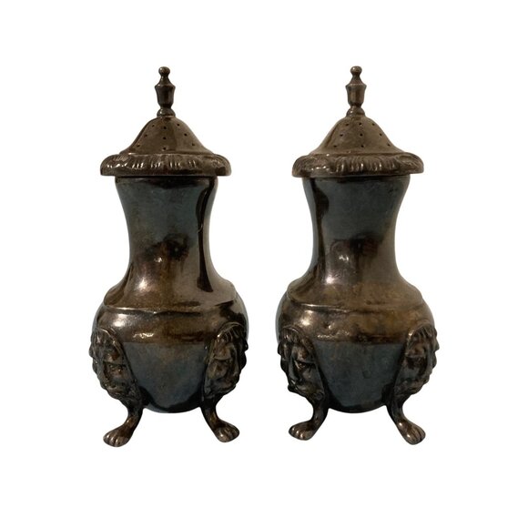 Lions Head Footed Antique Ornate Silver Plated Salt & Pepper Shakers Monogrammed - Picture 4 of 8